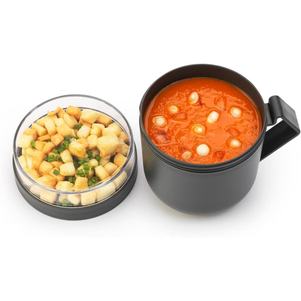 image:imageBrabantia Make amp Take Soup Mug with Handle amp Removable Clear Compartment for Toppings Light Gray 100 Leakproof Microwave amp Freezer Safe Meal Prep Container 20 fl ozDark Gray