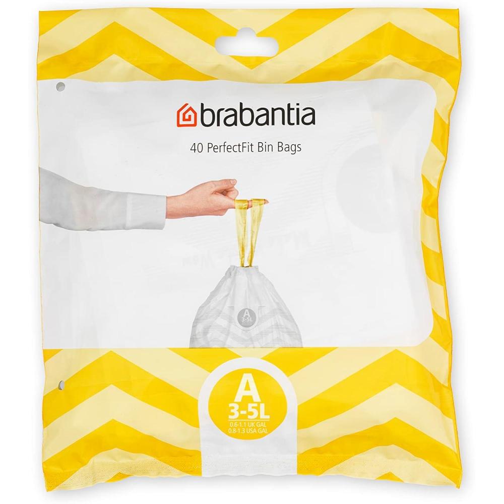 image:imageBrabantia PerfectFit Trash Bags Size O8 Gal Thick Plastic Trash Can Liners with Drawstring Handles 40 BagsWhite Code A