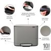 Brabantia Bo Step-On Kitchen Trash Can with Dual Compartments | Matt Black | 3 + 6 Gal Inner Buckets | Soft-Close Garbage Can, Light Pedal Operation, Stay-Open Lid | Fits Against Wall | + Trash Bags(Mineral Concrete Gray)