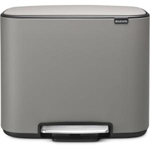 Brabantia Bo Step-On Kitchen Trash Can with Dual Compartments | Matt Black | 3 + 6 Gal Inner Buckets | Soft-Close Garbage Can, Light Pedal Operation, Stay-Open Lid | Fits Against Wall | + Trash Bags(Mineral Concrete Gray)
