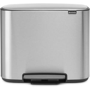 Brabantia Bo Step-On Kitchen Trash Can with Dual Compartments | Matt Black | 3 + 6 Gal Inner Buckets | Soft-Close Garbage Can, Light Pedal Operation, Stay-Open Lid | Fits Against Wall | + Trash Bags(Matt Steel FPP)