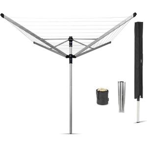 Brabantia Lift-O-Matic Outdoor 4 Arm Clothesline (164 ft/Ø 1.8″) Height Adjustable, Folding Clothes Drying Rack + Ground Spike & Cover (Gray)(Gray)