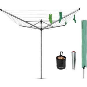 Brabantia Lift-O-Matic Outdoor 4 Arm Clothesline (164 ft/Ø 1.8″) Height Adjustable, Folding Clothes Drying Rack + Ground Spike & Cover (Gray)(Metallic Grey)