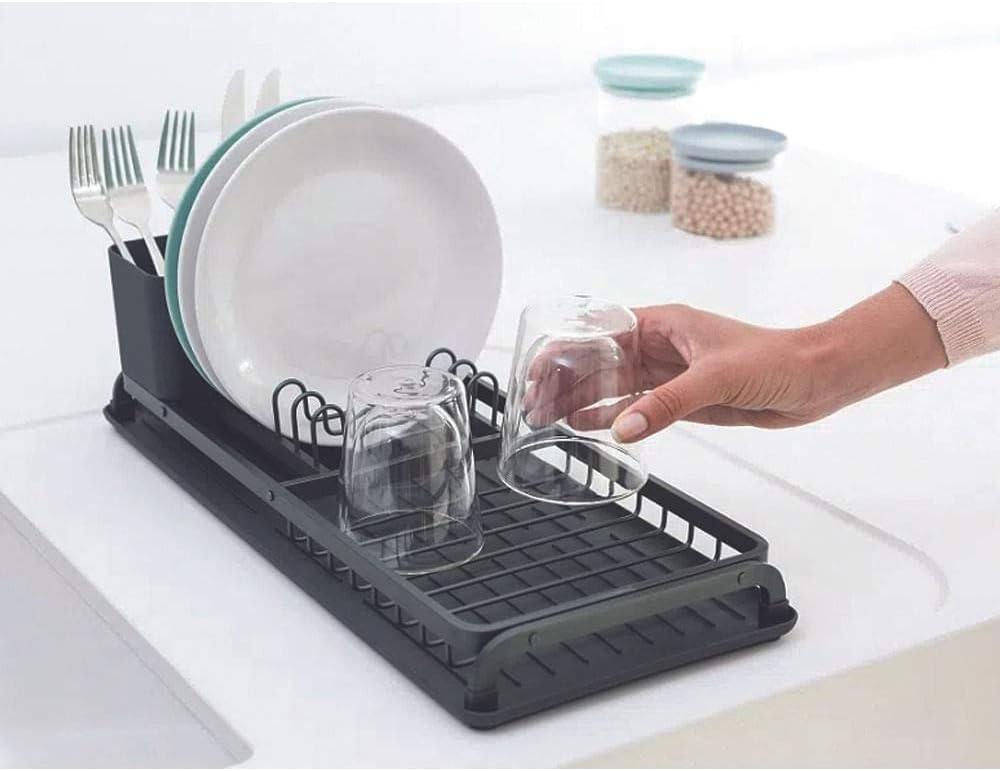 image:imageBrabantia Compact Dish Drying Draining Rack Dark Gray Plastic EasyClean Drip Tray amp Removable Cutlery BasketDark Gray