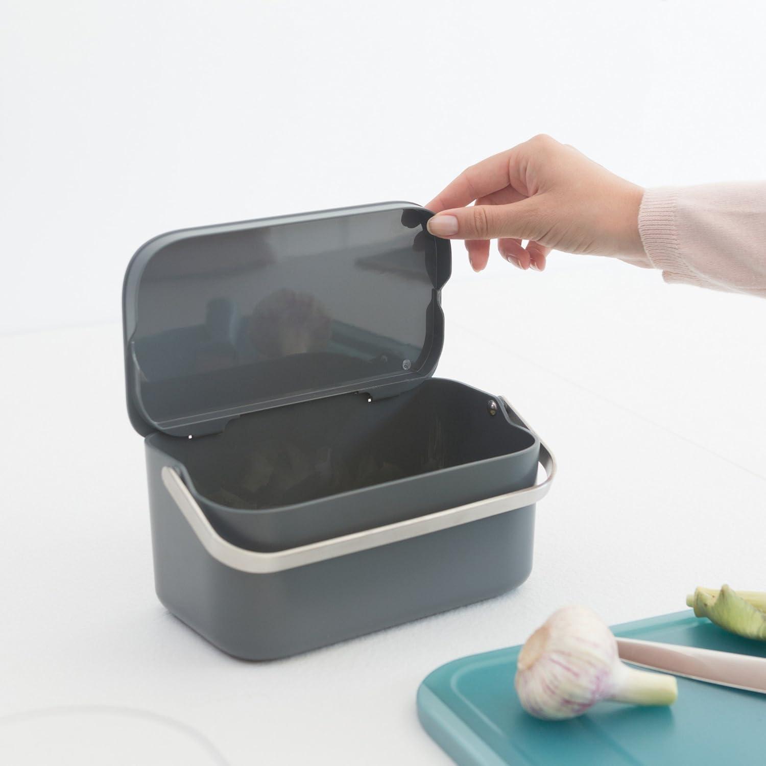 image:imageBrabantia Food Waste Caddy 048 GalDark Gray Kitchen Leftovers Can with StayOpen Lid amp Stainless Steel Handle for CompostingGray