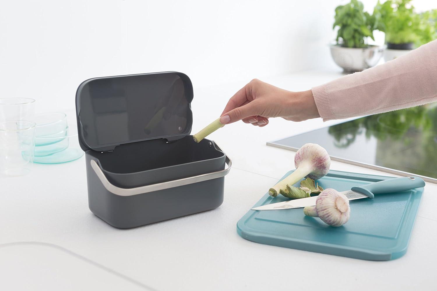 image:imageBrabantia Food Waste Caddy 048 GalDark Gray Kitchen Leftovers Can with StayOpen Lid amp Stainless Steel Handle for CompostingGray