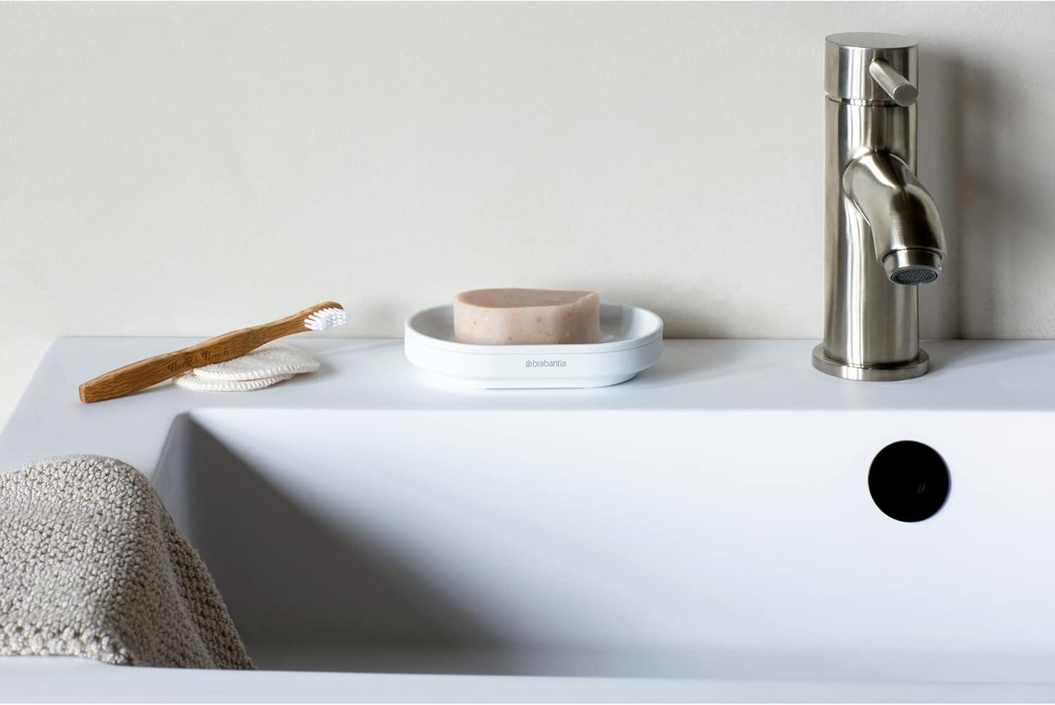 image:imageBrabantia Mindset Soap Dish Mineral Fresh White AntiRust Metal NonSlip Basin Soap Tray Holder for Bathroom Shower Kitchen Sink